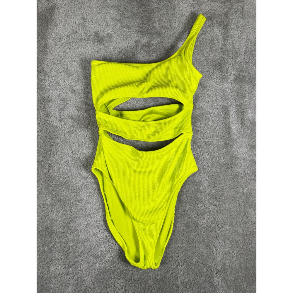 Aerie One Shoulder Cutout One Piece Swimsuit Neon Yellow Lime L Long Real Good